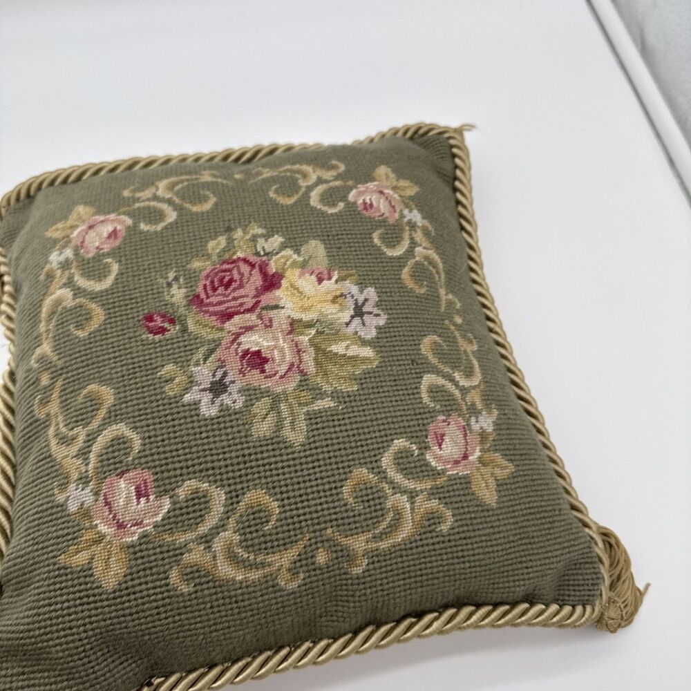 Vintage Petit Point Needlepoint Floral Throw Pillow Tassels Green  11.5 X 11.5” - Picture 12 of 12